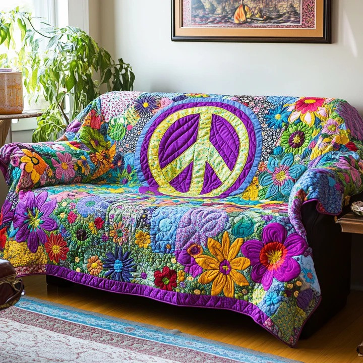 Hippie Vibes Quilted Sofa Cover Boho Peace Sign Furniture Protector Best Gift For Hippie Lovers