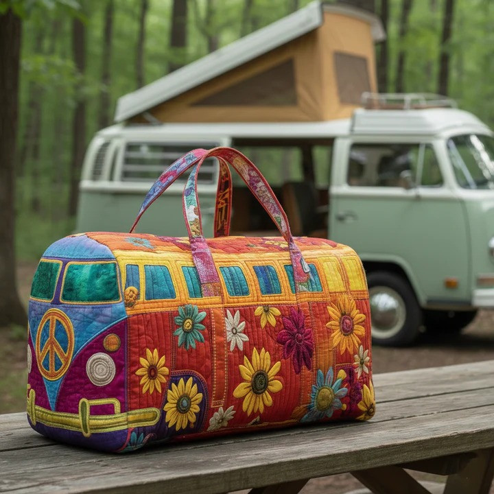 Hippie VW Bus Sunflower Camping Quilted Duffle Bag Boho Travel Bag Best Gift For Campers