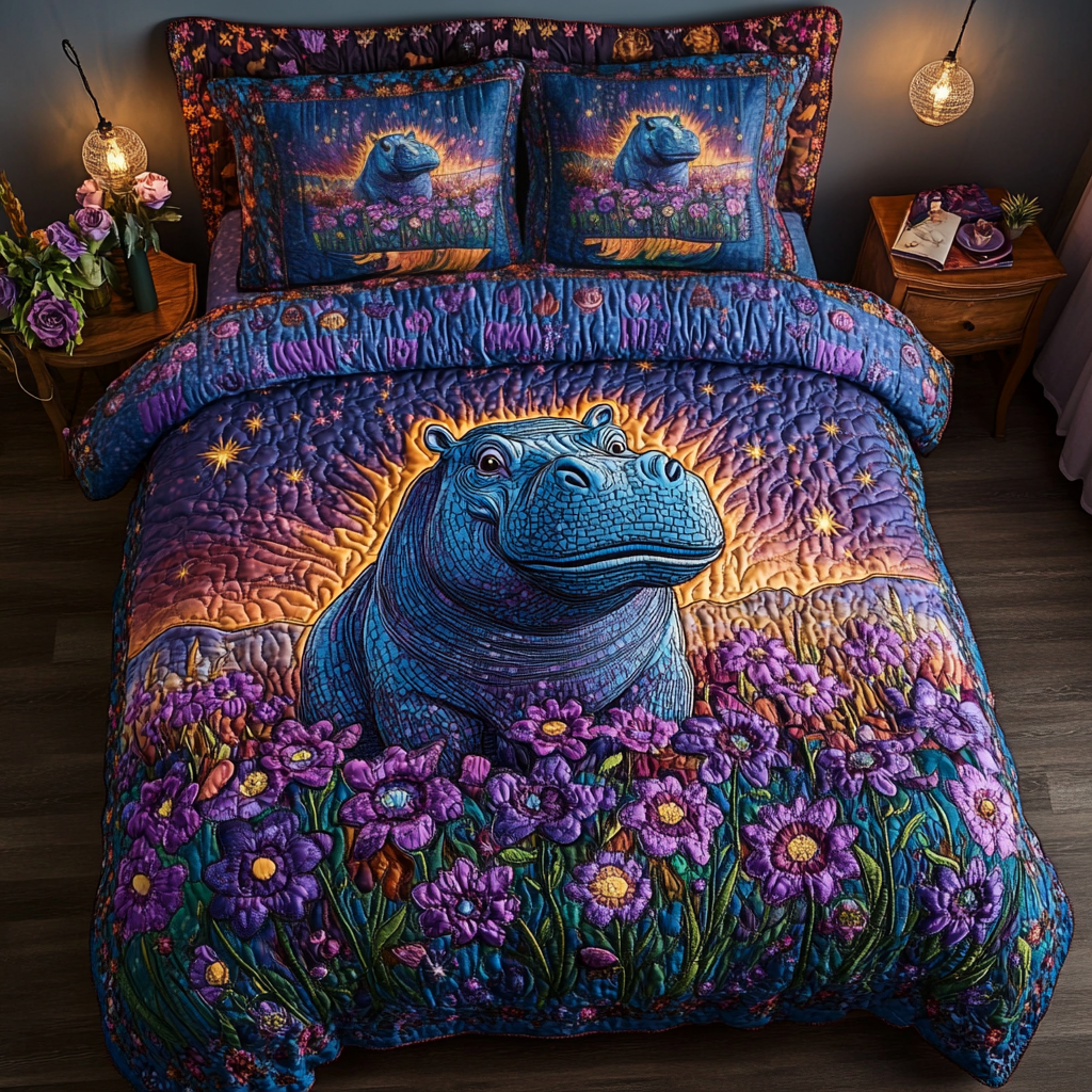 Hippo Haven Quilted Bedding Set Lovely Bedroom Gift Idea for Housewarming