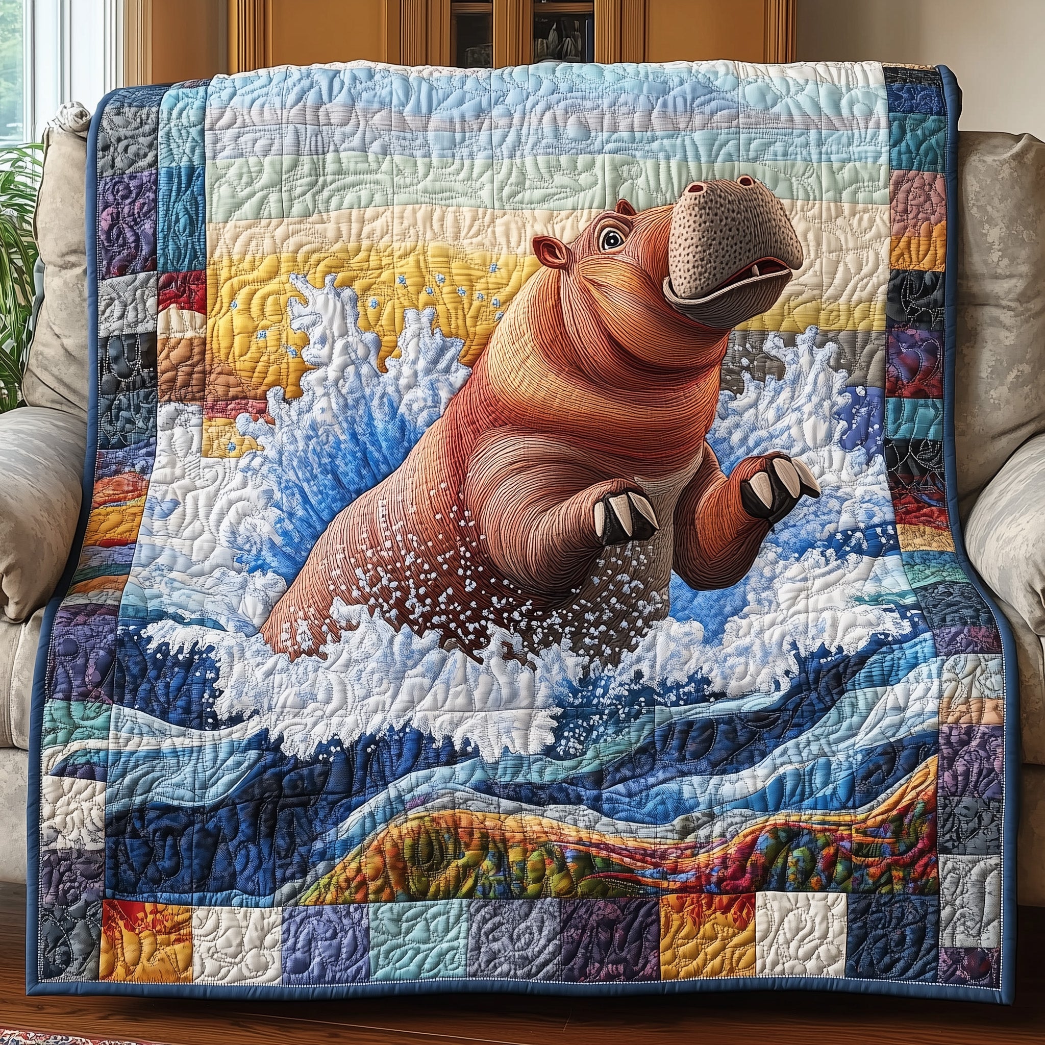 Hippo Haven Quilted Blanket Cute Soft BlanketGifts For Hippo Lovers