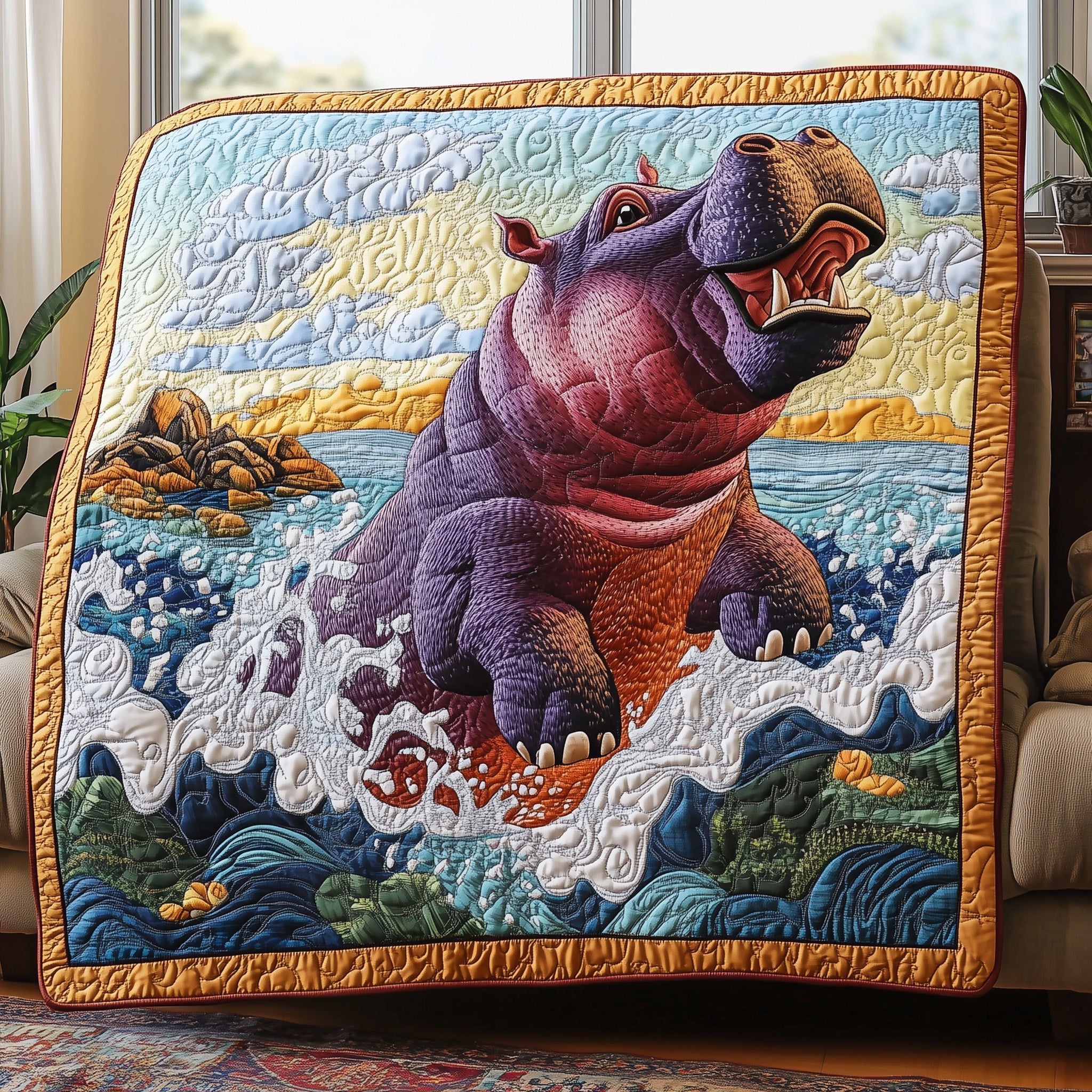 Hippo Haven Quilted Blanket Cute Soft BlanketHippopotamus Gift Ideas