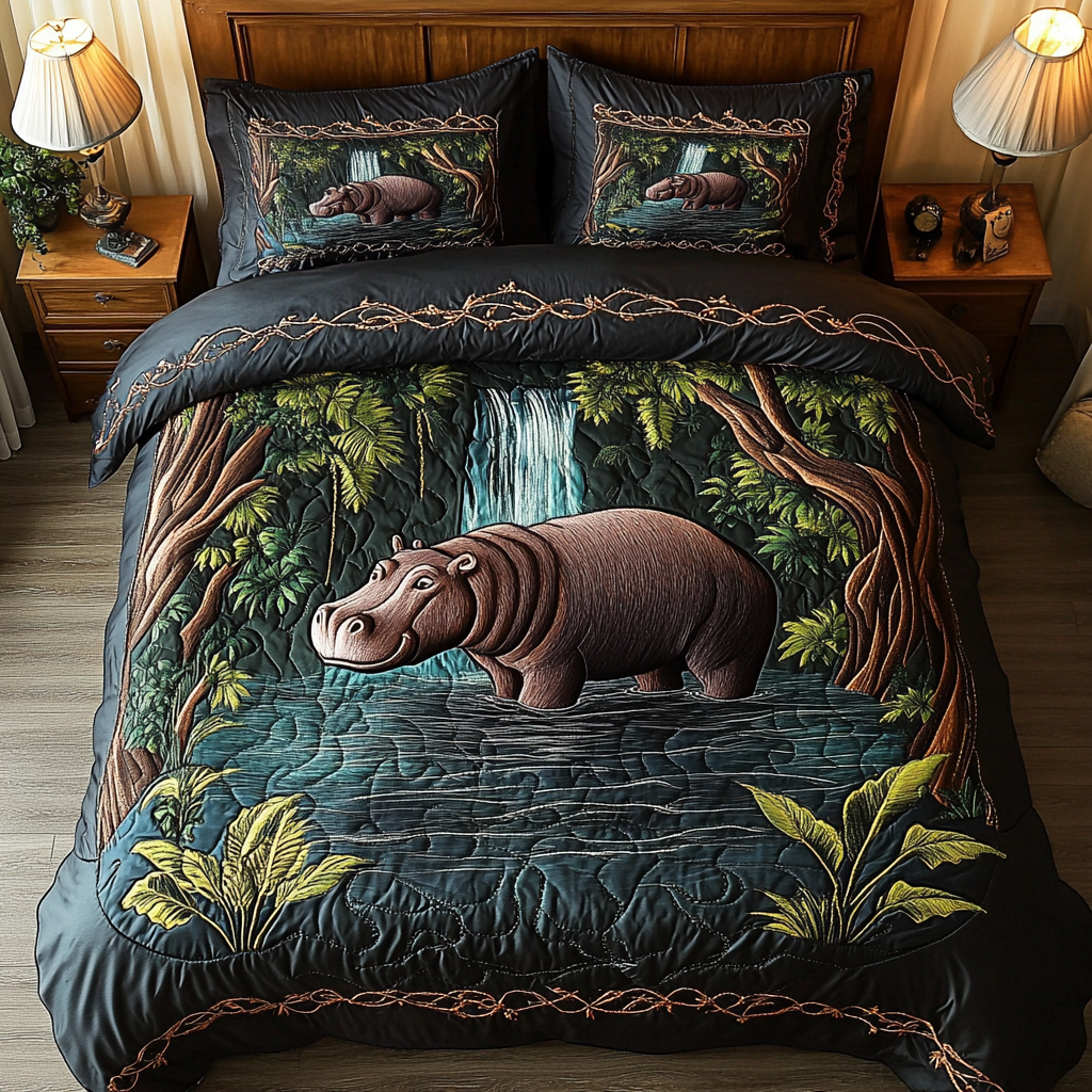 Hippo Horizon Quilted Bedding Set Beautiful Printed Bedding Set for Home Aesthetics