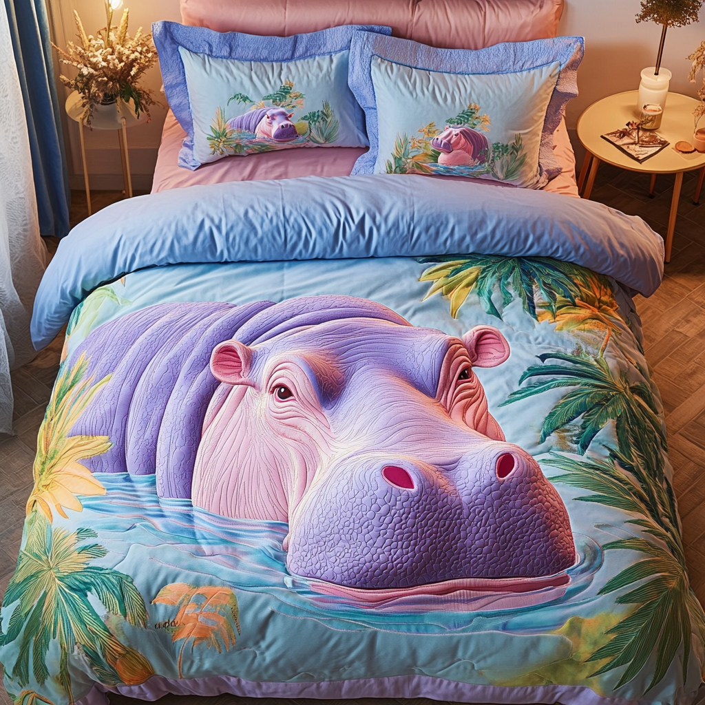 Hippo Hug Quilted Bedding Set Bedspread Set Hippo Themed Gifts