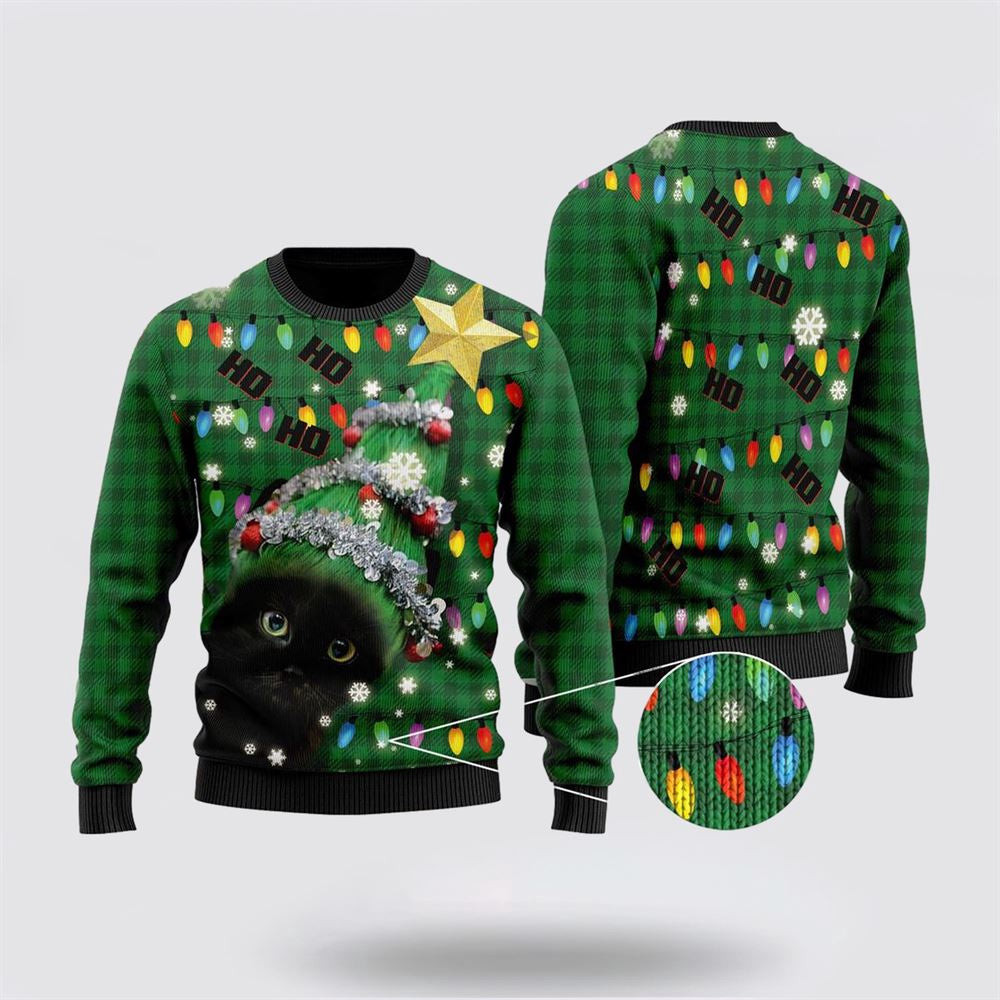 Ho Ho Ho Black Cat Christmas Tree Ugly Sweater Christmas Unisex Sweater Funny Christmas Sweater