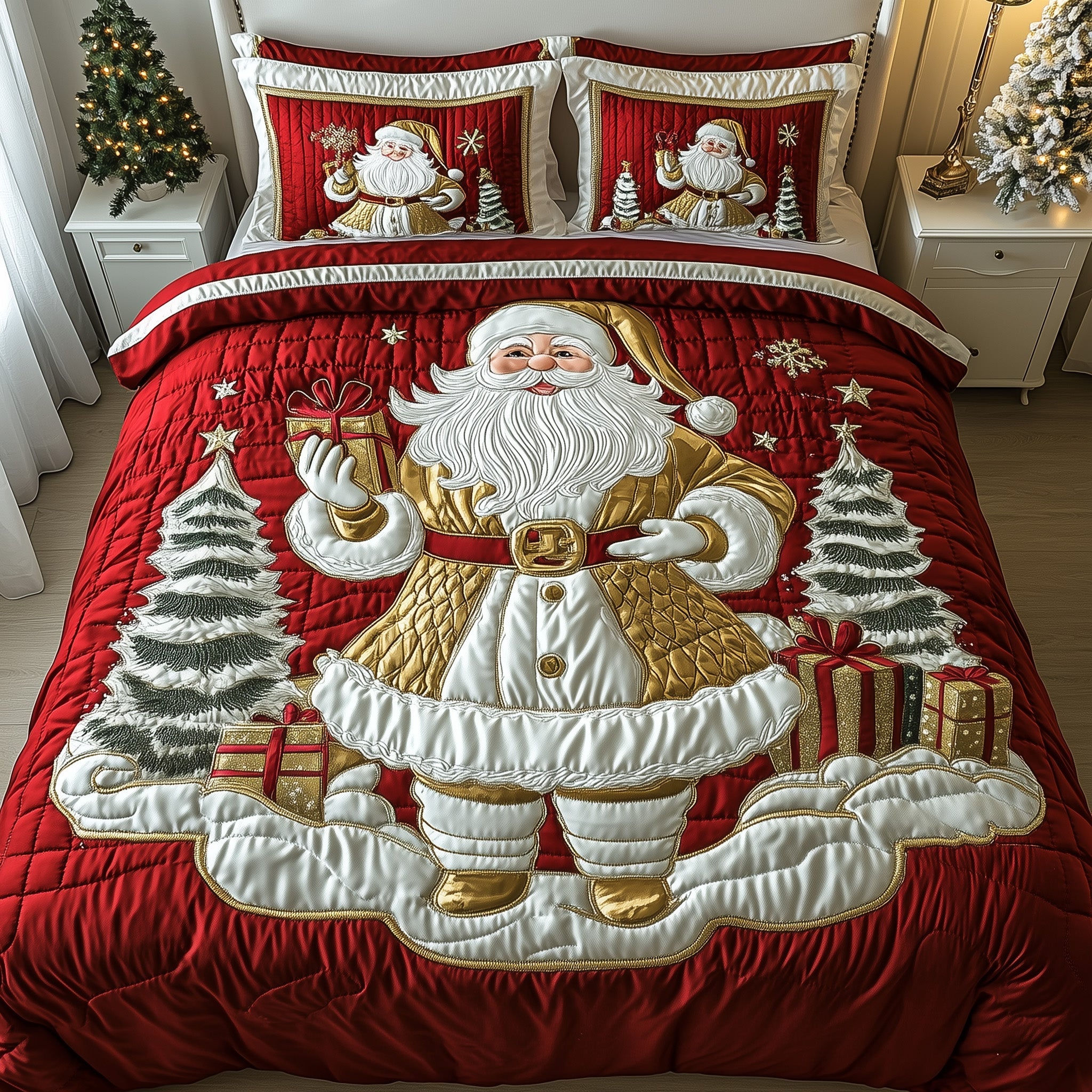 Ho Ho Ho Christmas Quilted Bedding Set Duvet Cover Bedspread Santa Claus Themed