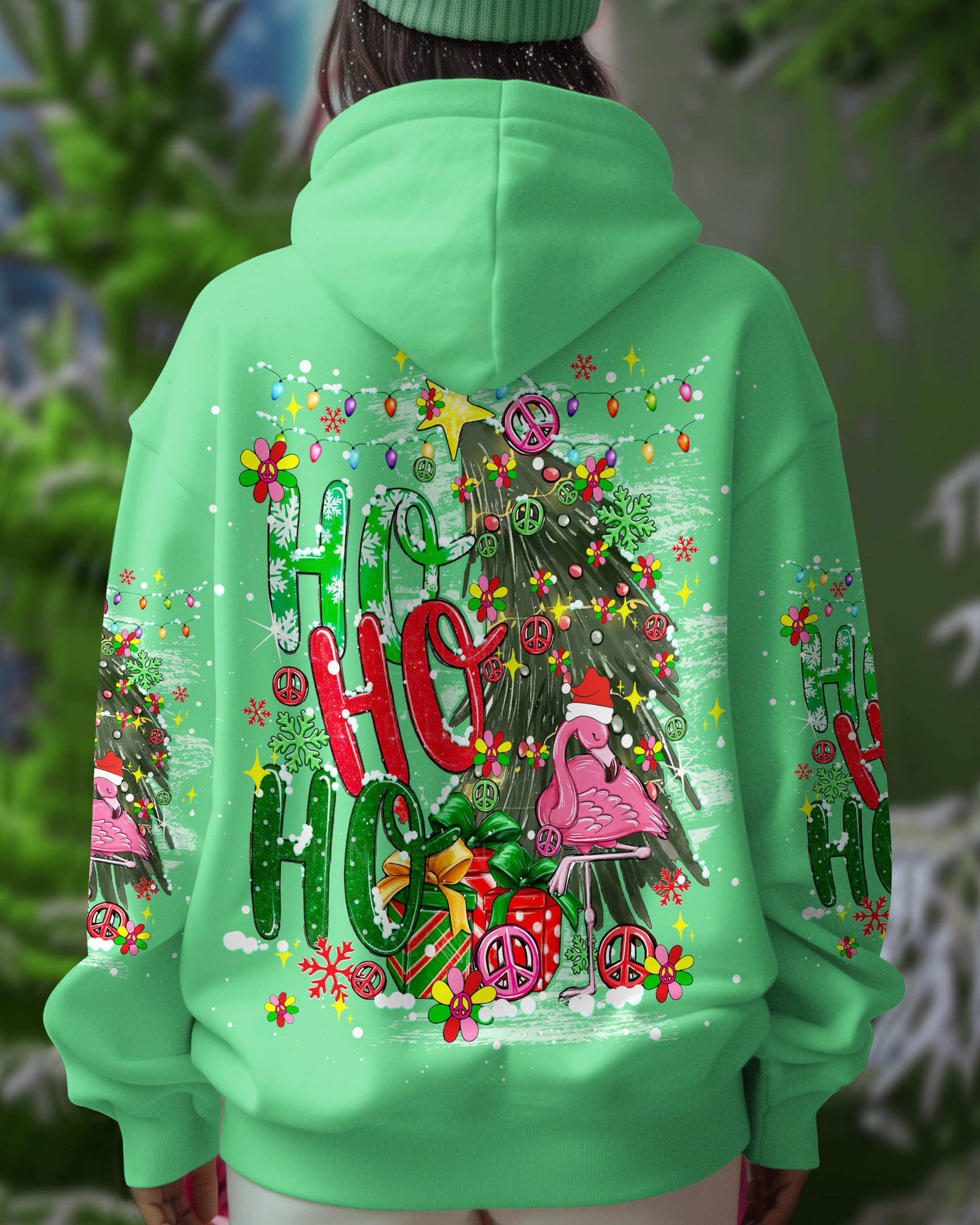 Ho Ho Ho Flamingo Christmas Hoodie Green Christmas Clothing Flamingo Related Gifts