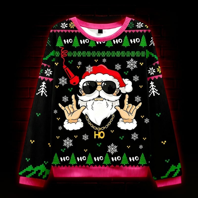 HO HO HO Rock Santa Ugly Christmas Sweater Funny Xmas Holiday Clothing Gifts For Him