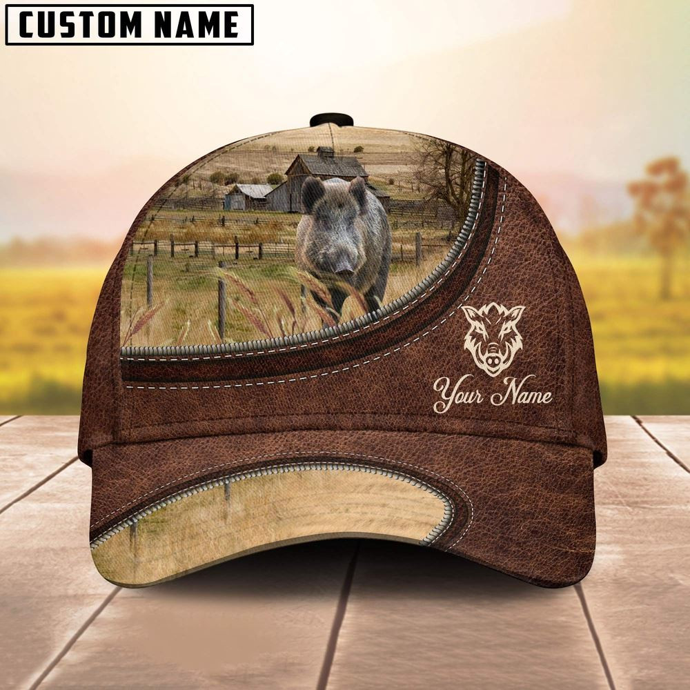 Hogs On The Farm Customized Name Leather Pattern Cap Farmer Baseball Cap Gift For Farmer