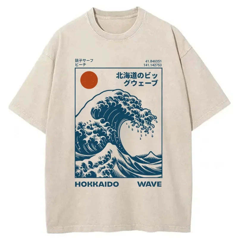 Hokkaido Wave Japan Washed T-Shirt Retro Streetwear Graphic Top Gifts For Friends Hokkaido Wave Japan Washed T-Shirt Retro Streetwear Graphic Top Gifts For Friends