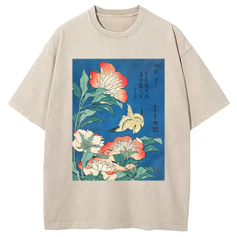 Hokusai Flowers Peonies Bird Washed T-Shirt Soft Cotton Daily Wear Tee Gifts For Brother