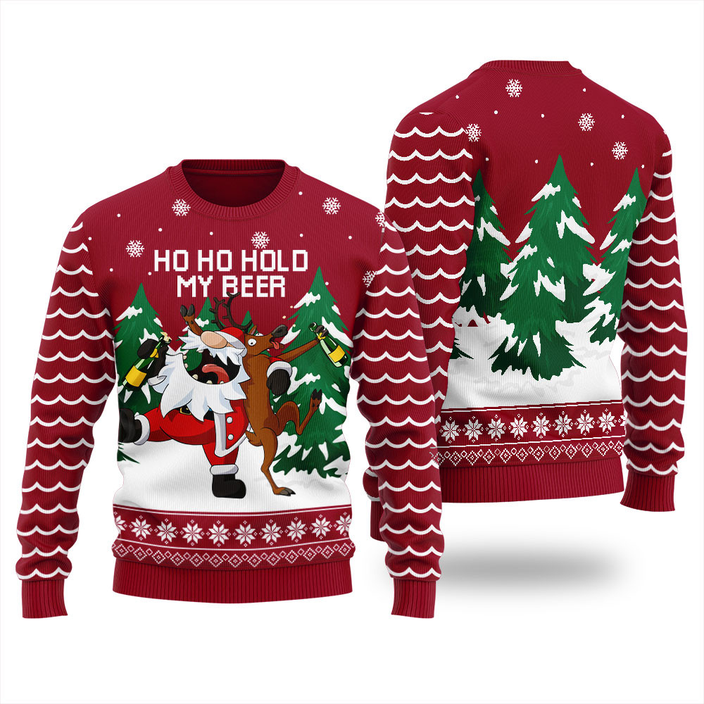 Hold My Beer Drunk Santa Reindeer Ugly Christmas Sweater Soft Cotton Sweatshirt for Winter Comfort