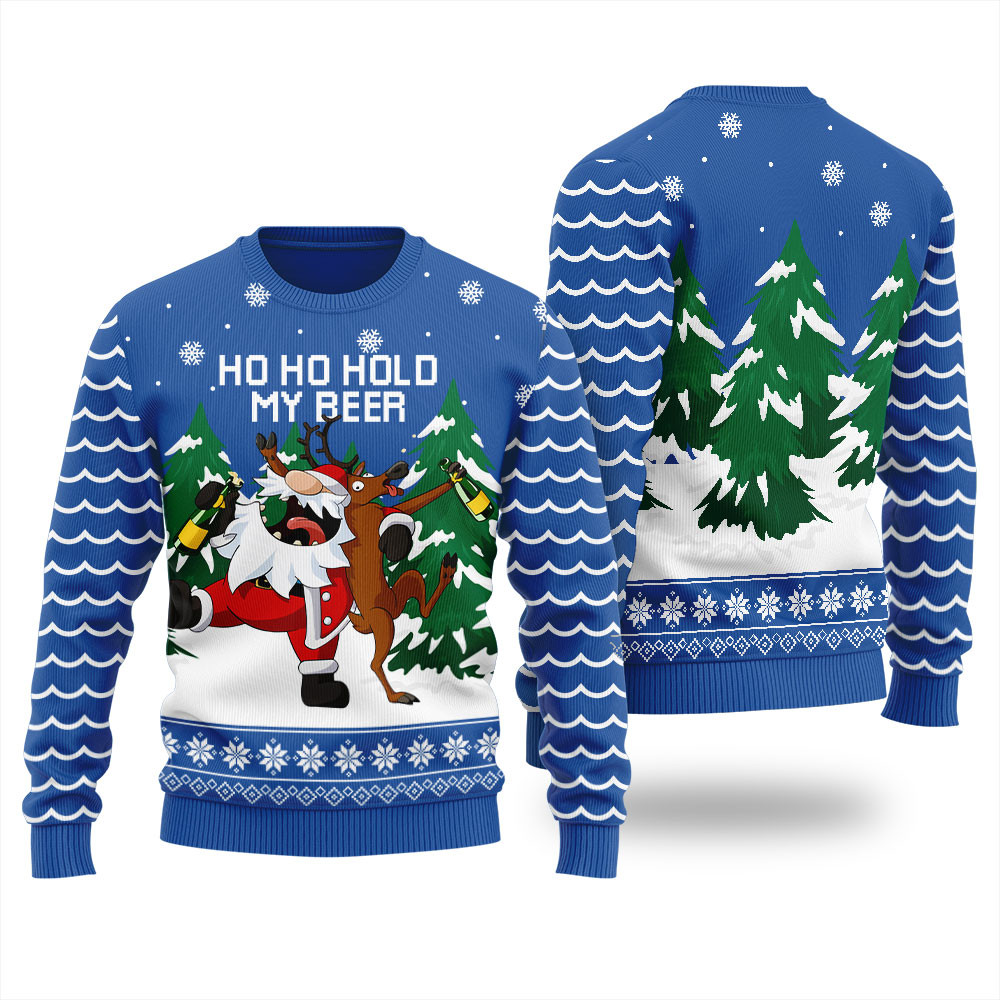 Hold My Beer Drunk Santa Reindeer Womens Ugly Sweater Heartwarming Christmas Gift Sweater for Him or Her
