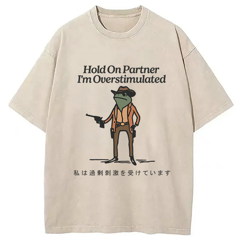 Hold On Partner I'm Overstimulated Washed T-Shirt Funny Aesthetic Trendy Apparel Gifts For Besties