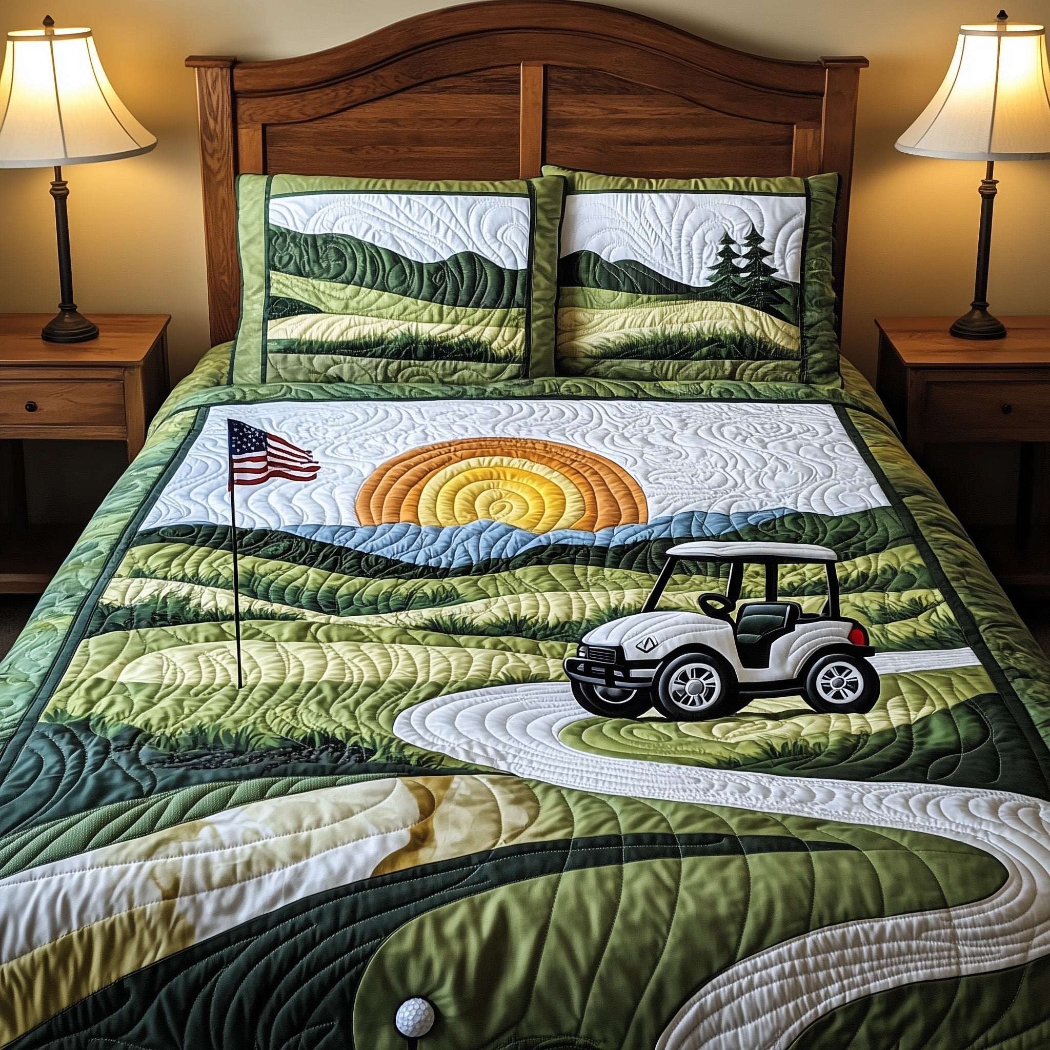 Hole Sunset Quilted Bedding Set Duvet Cover Merchandise Gift Ideas For Male Golfers
