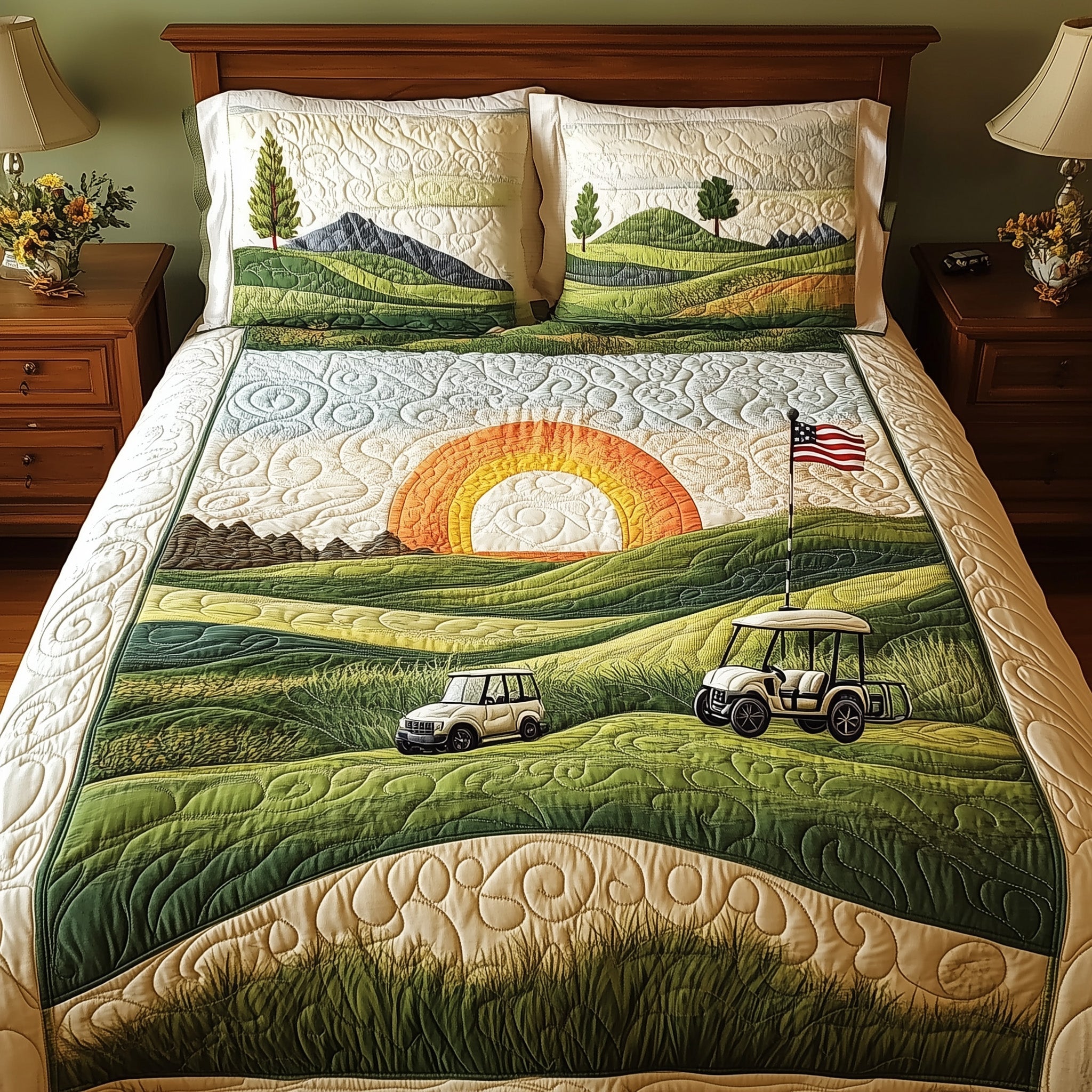 Hole Sunset Quilted Bedding Set Duvet Cover Merchandise Golf Gift Ideas For Men