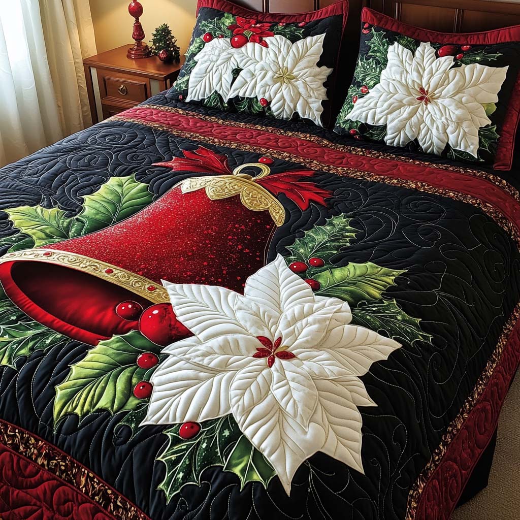 Holiday Bell Quilted Bedding Set Xmas Duvet Cover Set Christmas Gift For Wife