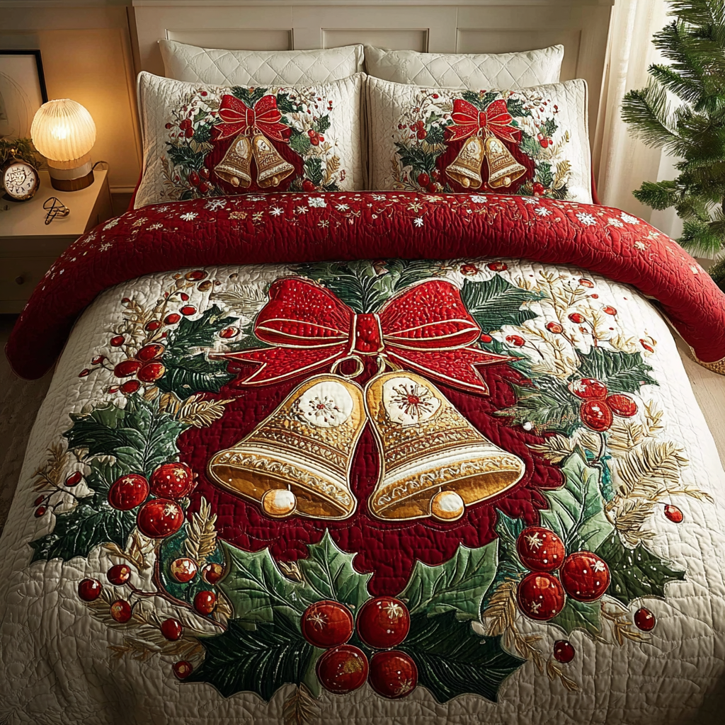 Holiday Bells Quilted Bedding Set Xmas Duvet Cover Set Gifts For The Family Christmas