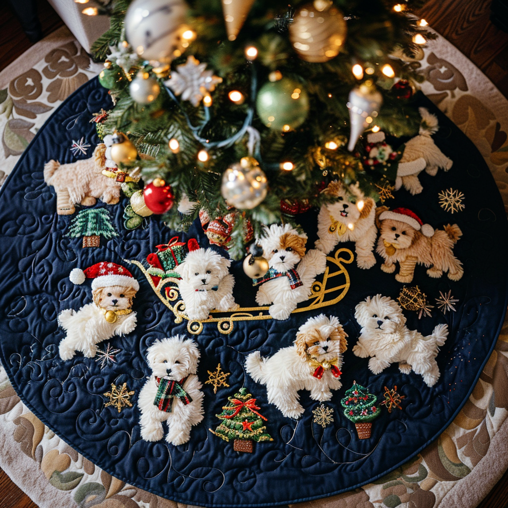 Holiday Bichon Wishes Christmas Quilted Tree Skirt Warm and Soft Christmas Tree Skirt for Winter
