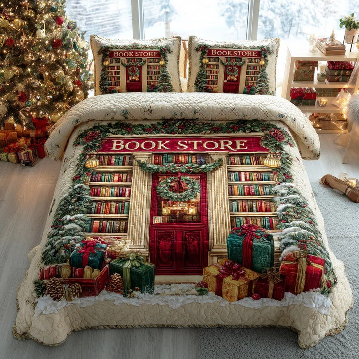 Holiday Bookshop 3-Piece Quilted Bedding Set Christmas Book Lover Bedspread Best Xmas Gift Ideas