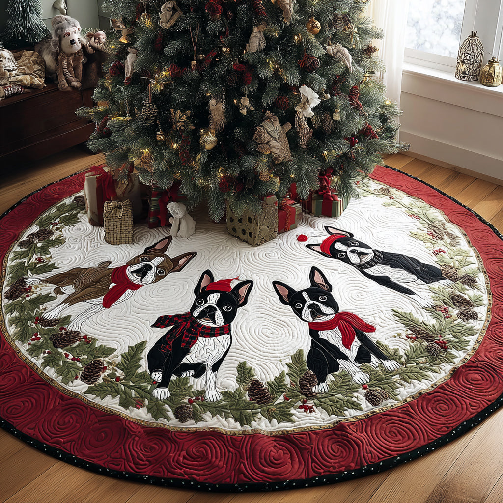 Holiday Boston Joy Quilted Christmas Tree Skirt Holiday Decor Gift For Dog Lovers Owners