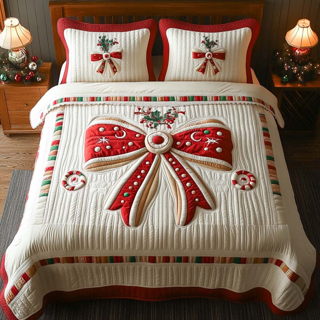 Holiday Bow Delight Quilted Bedding Set Cozy Bedroom Decor Christian Gifts For Him