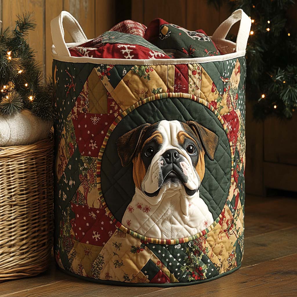 Holiday Bulldog Quilted Laundry Basket Merch For Cozy Nights