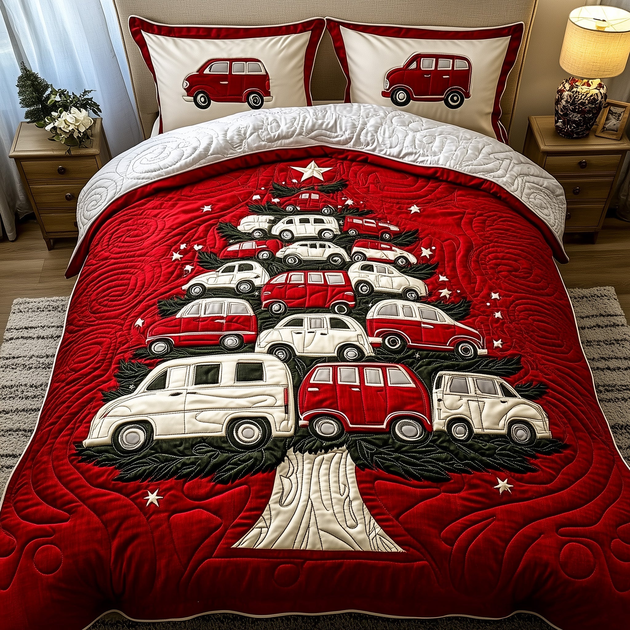 Holiday Camper Quilted Bedding Set Car Xmas Tree Happy Christmas Day Gifts For Mom