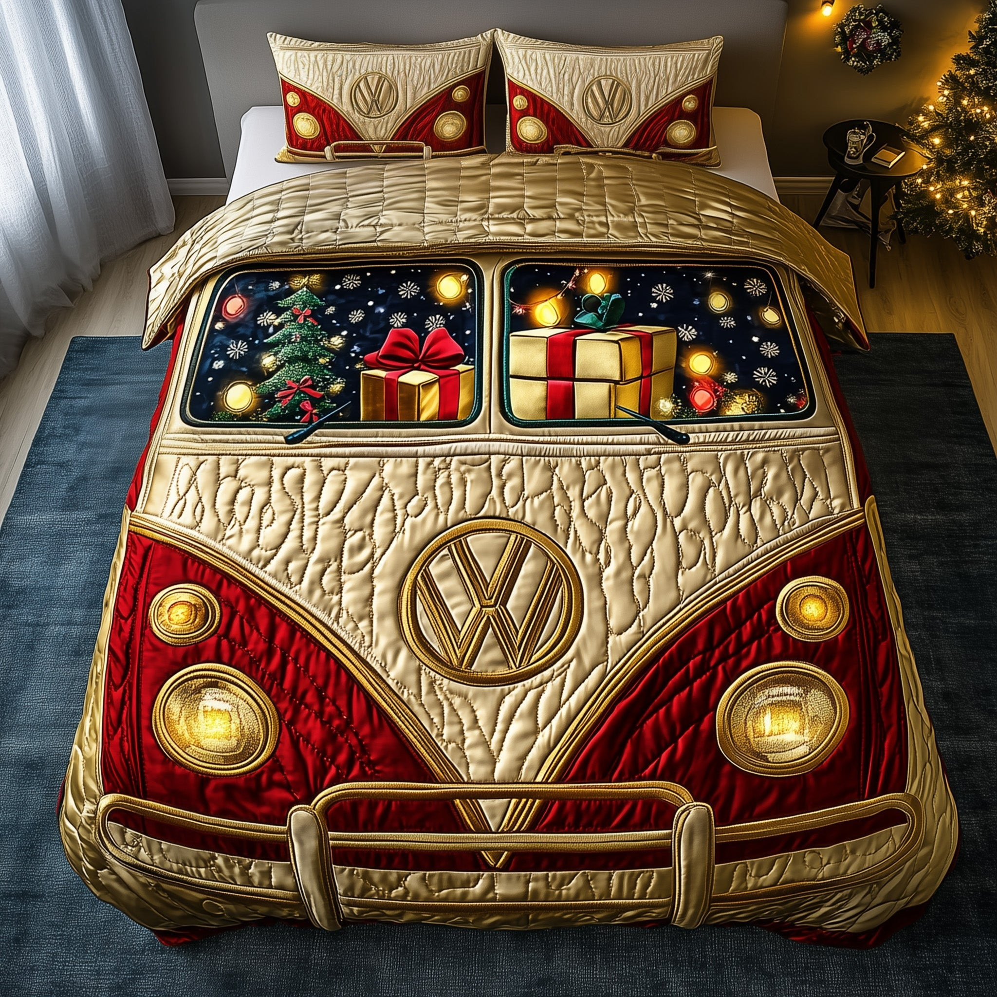 Holiday Camper Quilted Bedding Set Holiday Road Trip Theme Happy Christmas Day Gifts