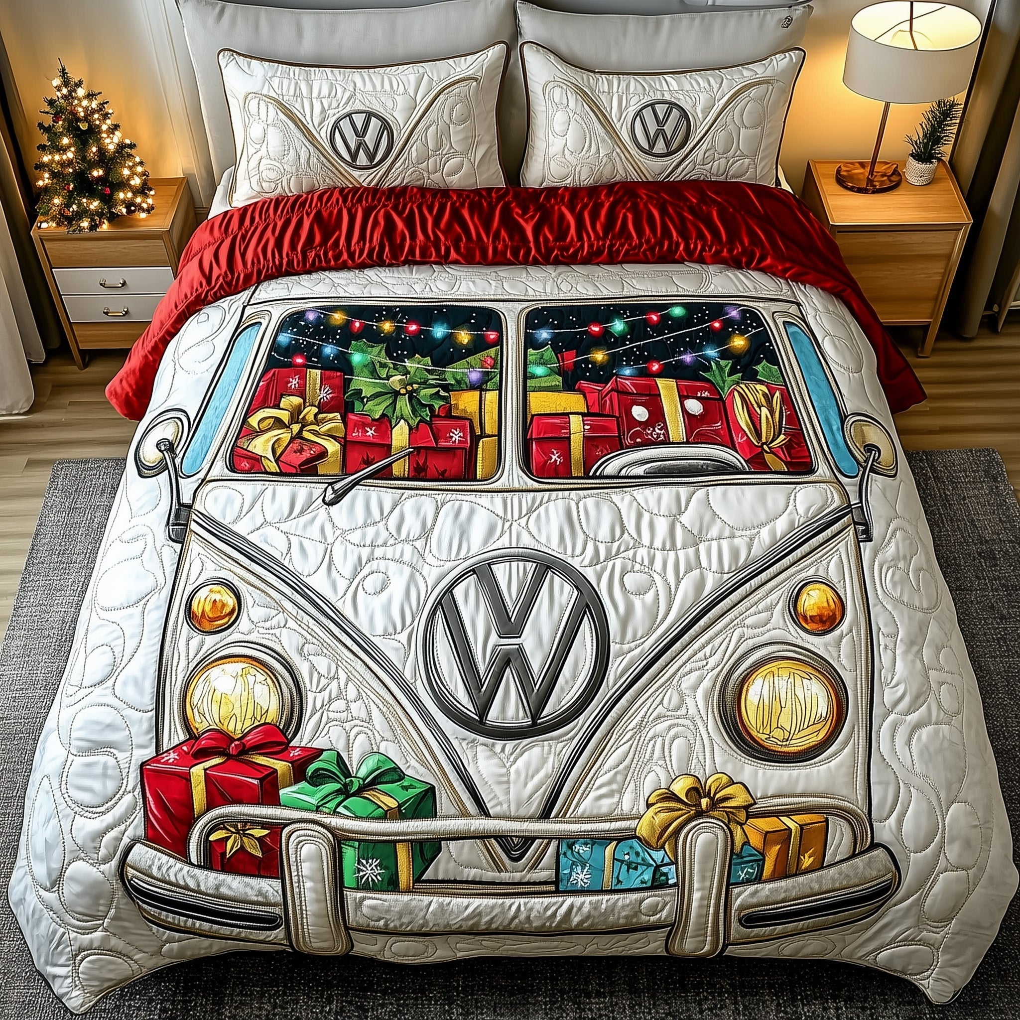 Holiday Camper Quilted Bedding Set Retro Christmas Van Design Merry Christmas Day Gifts