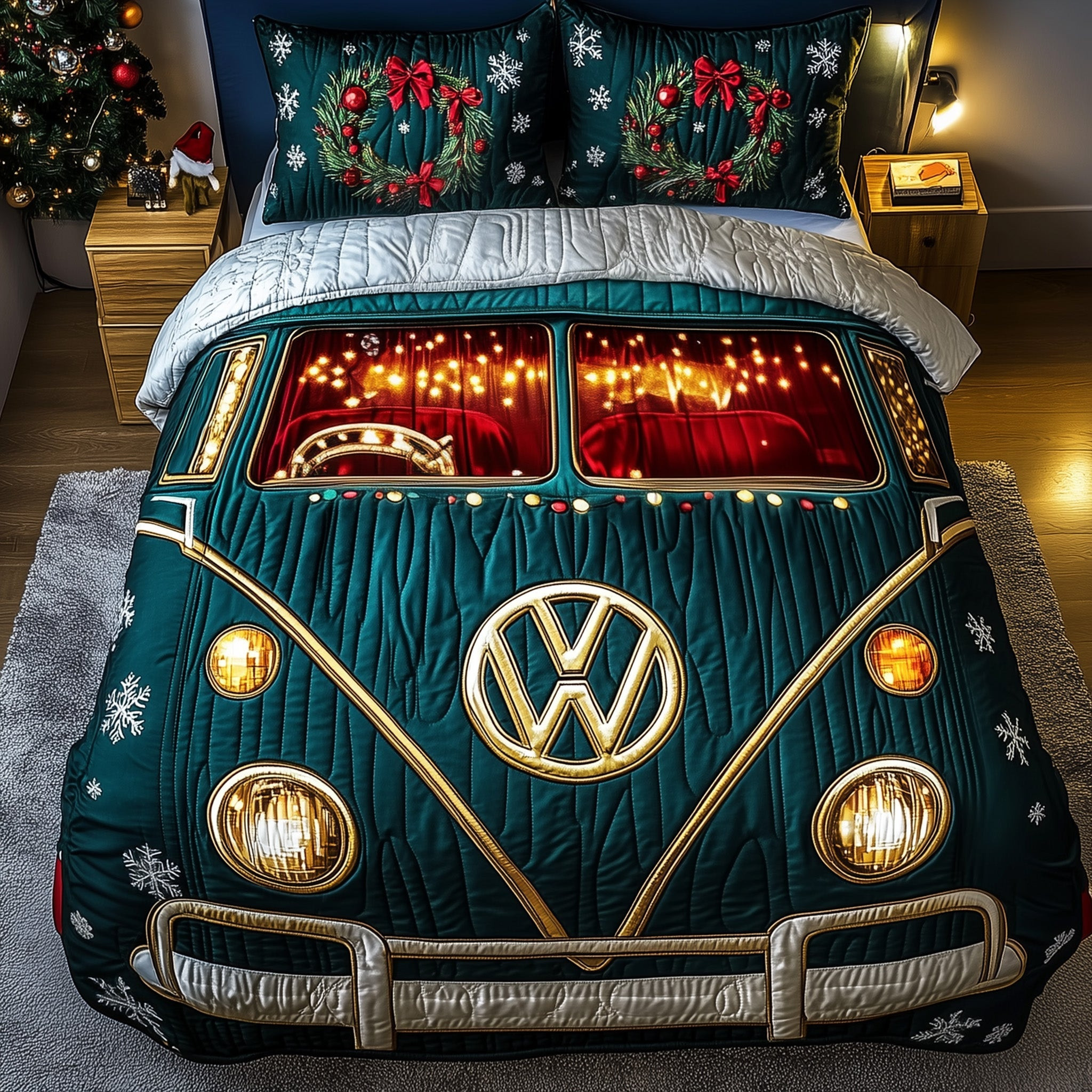 Holiday Camper Quilted Bedding Set Santa Drives Decor Awesome Xmas Bedding Presents