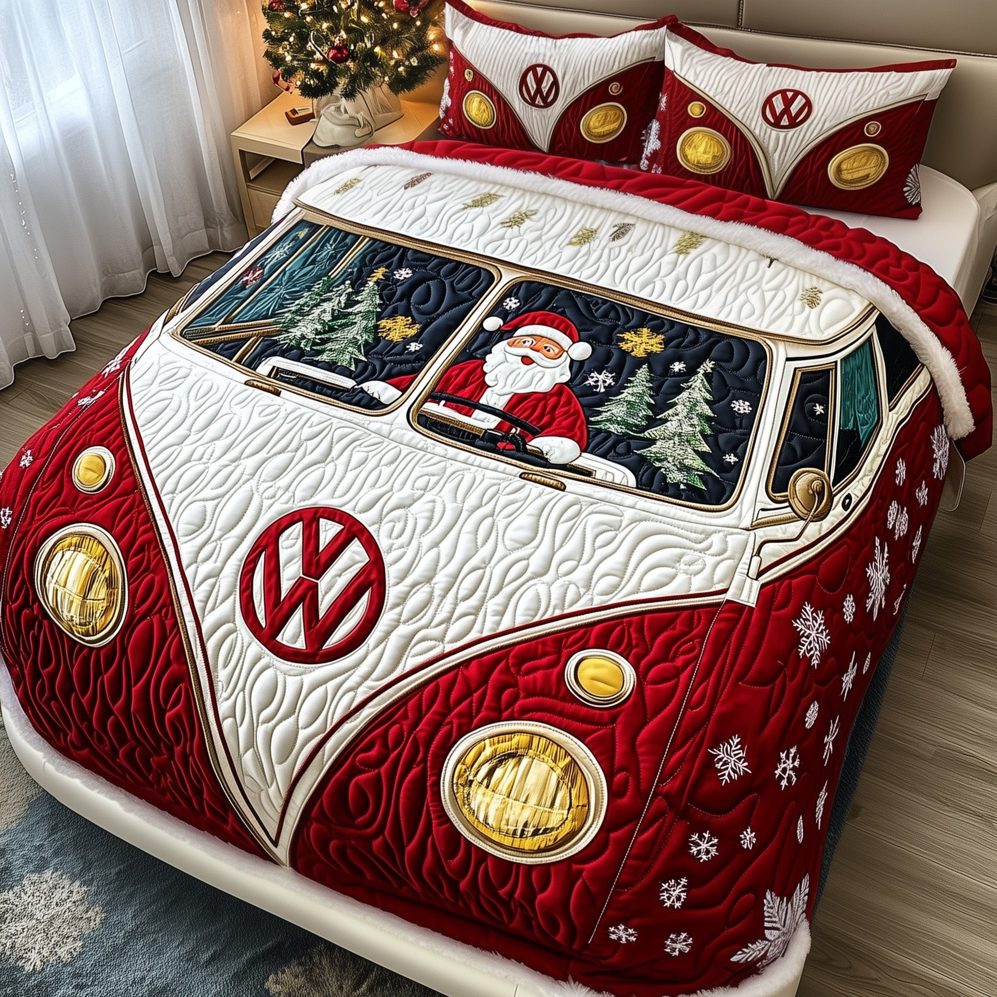 Holiday Camper Quilted Bedding Set Santa Drives Decor Best Xmas Bedding Gifts