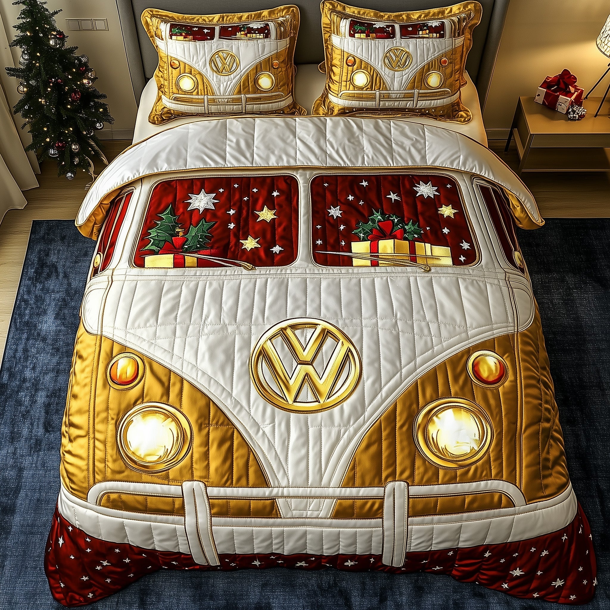 Holiday Camper Quilted Bedding Set Santa Drives Decor Unique Xmas Bedding Gifts