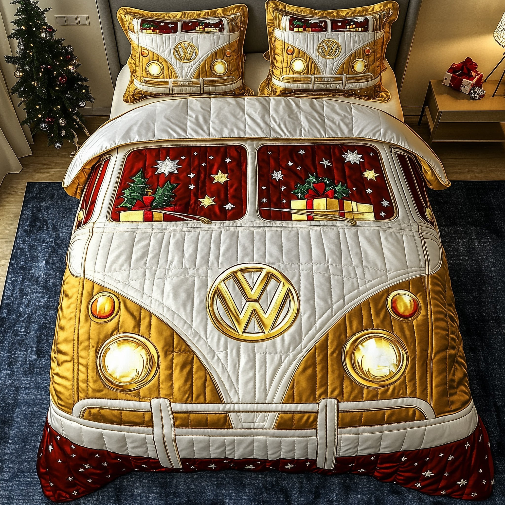 Holiday Camper Quilted Bedding Set Santa Drives Decor Unique Xmas Bedding Gifts