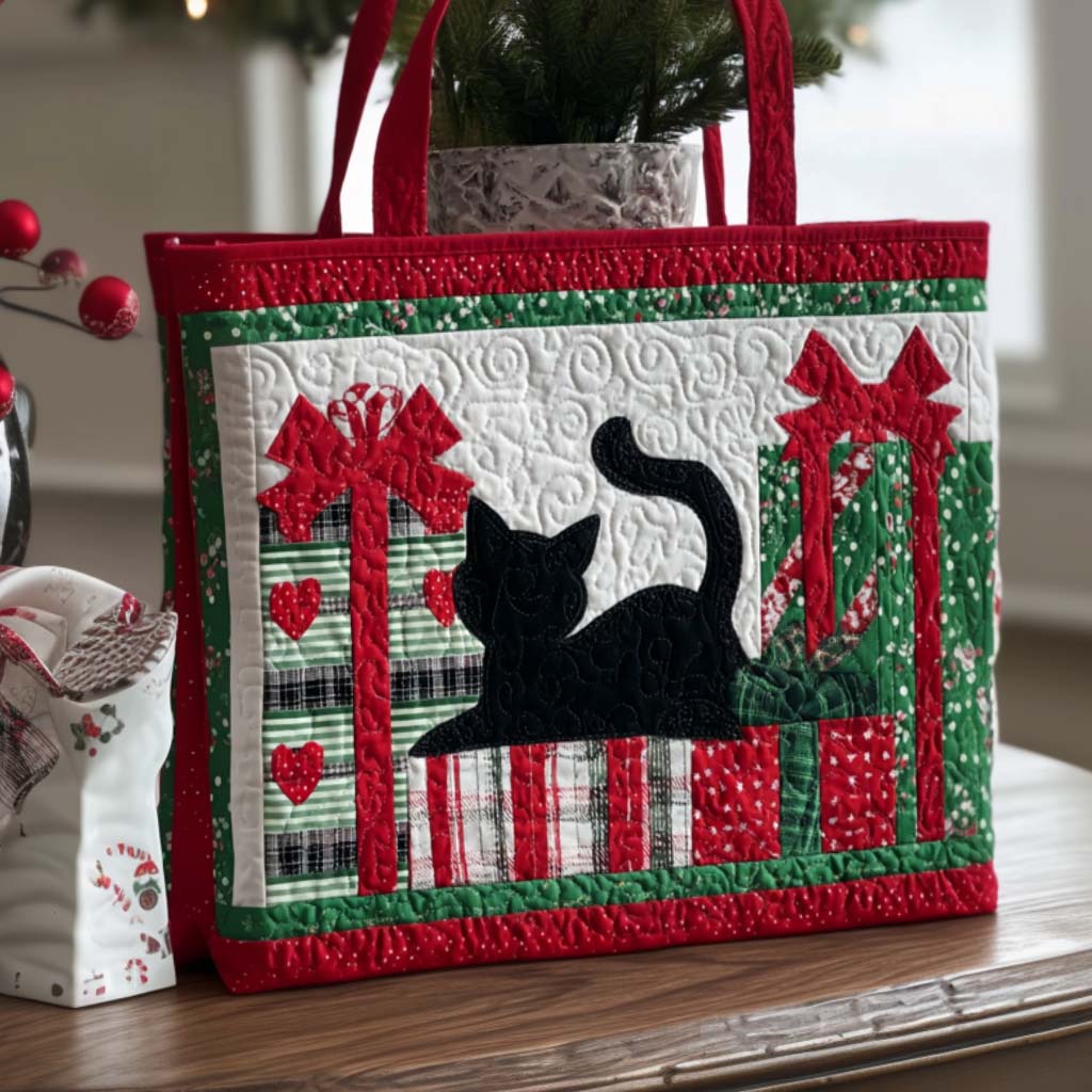 Holiday Cat Quilted Tote Bag Cat Dad Birthday Gifts