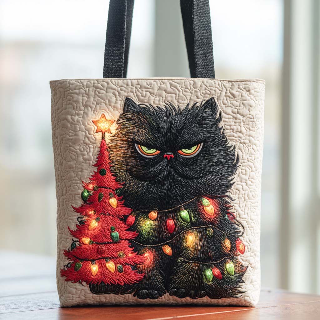 Holiday Cat Quilted Tote Bag Cat Lover Gifts
