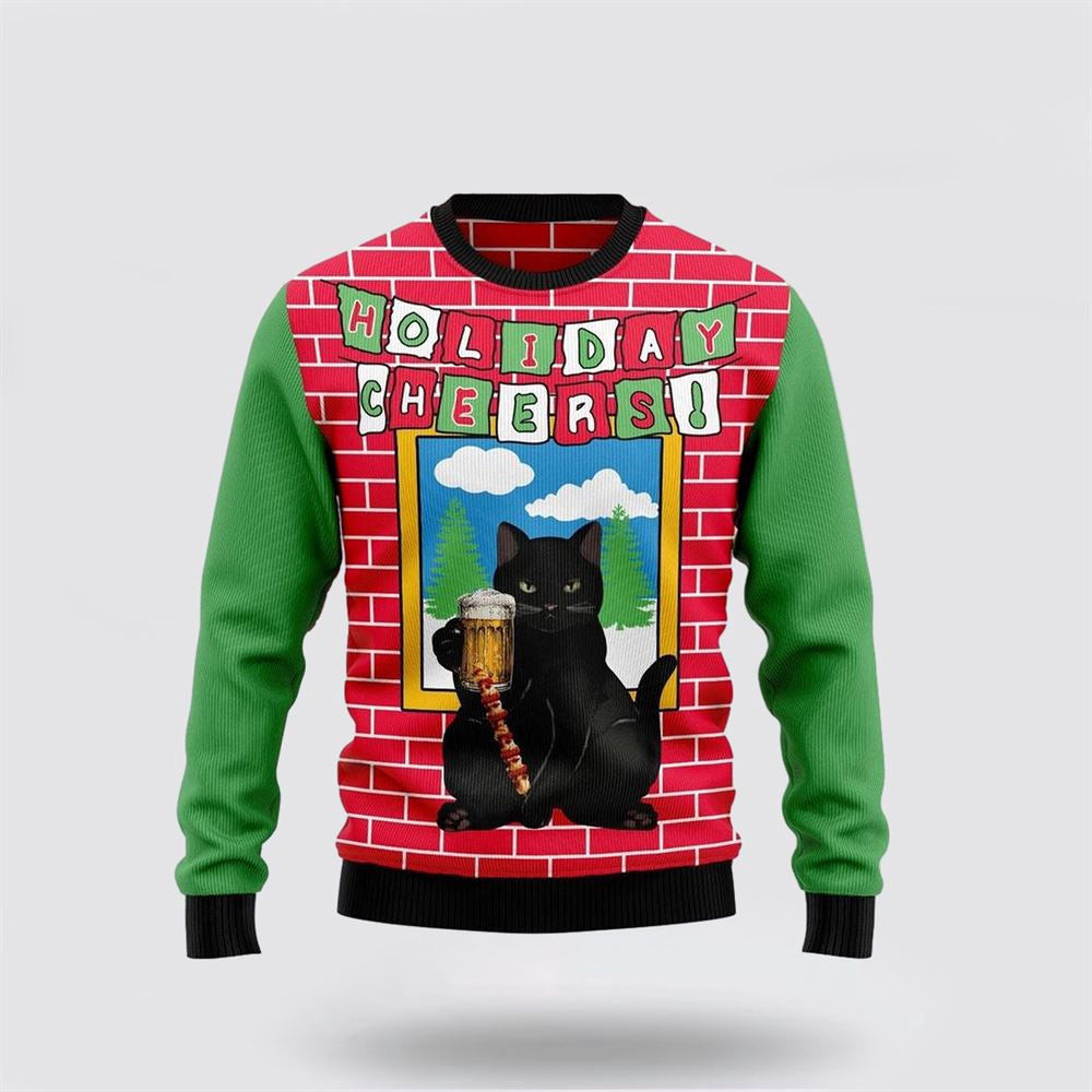 Holiday Cheer Black Cat Beer Christmas Ugly Christmas Sweater Christmas Unisex Sweater Funny Christmas Sweater