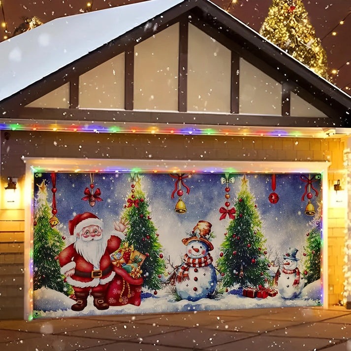Holiday Cheer With Santa And Snowman Christmas Garage Door Cover Festive Outdoor Decoration Gift
