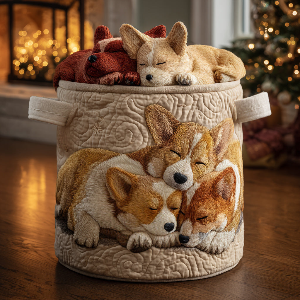 Holiday Corgi Dreams Quilted Laundry Basket Foldable Laundry Hamper with Quilted Fabric Design