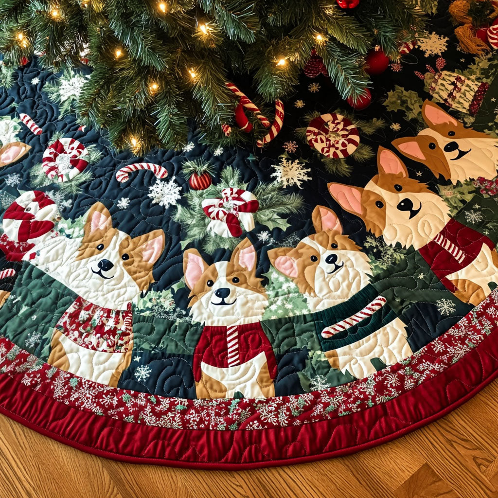 Holiday Corgi Gathering Quilted Christmas Tree Skirt Christmas Holiday Decor Home