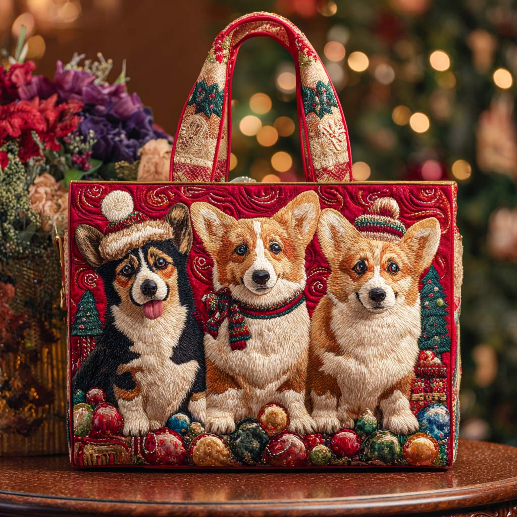 Holiday Corgis Quilted Tote Bag Great Gifts For Pet Lovers