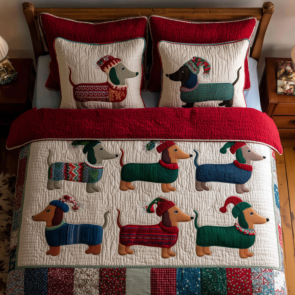 Holiday Dachshund Squad Quilted Bedding Set Holiday Season Duvet Cover Set Dachshund Related Gifts