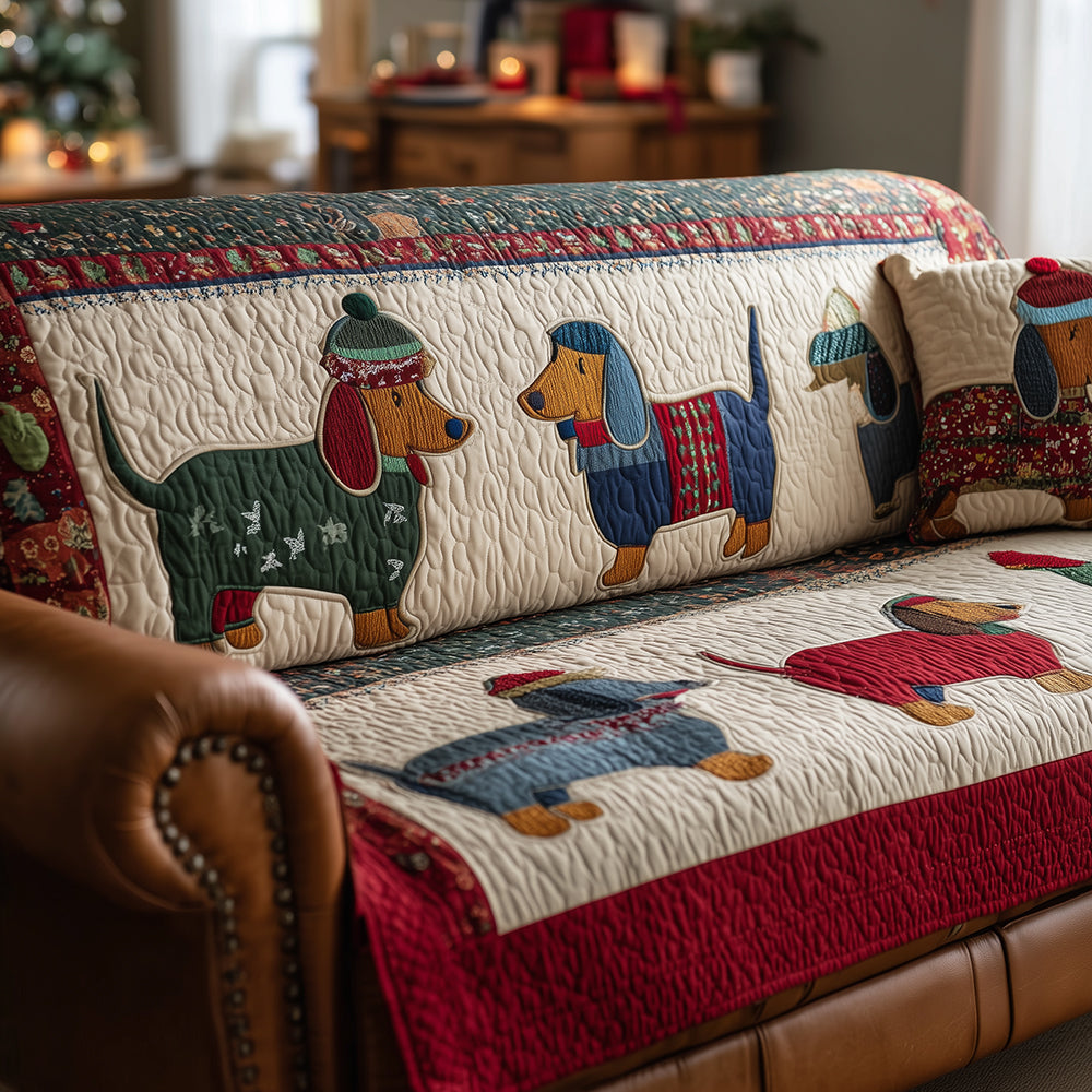 Holiday Dachshund Stroll Quilted Sofa Cover Couch Protector Christmas Gifts For Dachshund Lovers