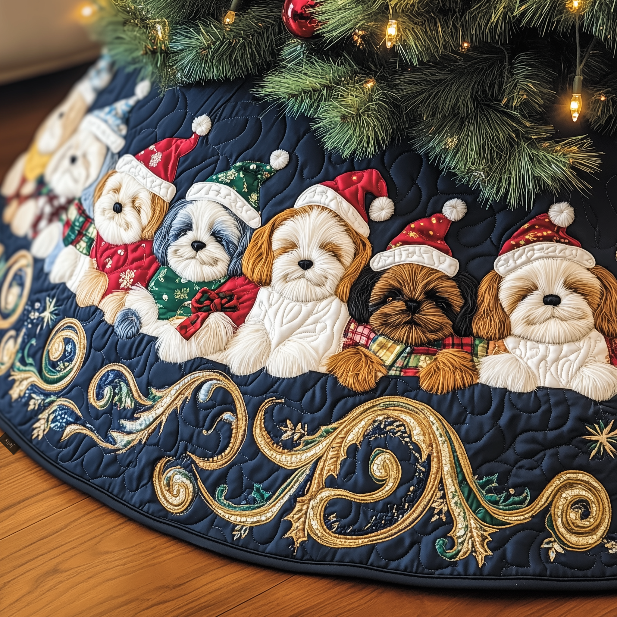 Holiday Dog Christmas Tree Skirt Cute Quilted Puppies for Festive Home Decoration