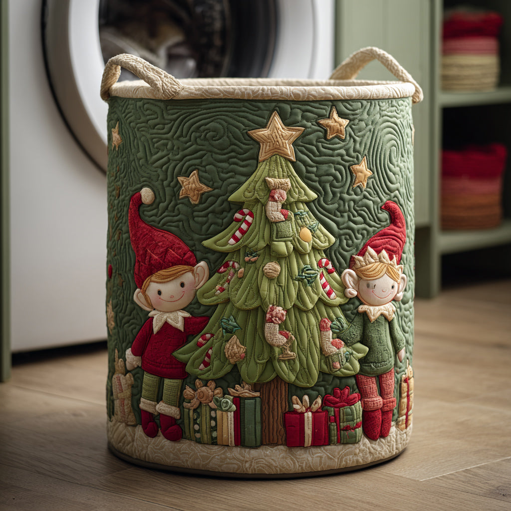 Holiday Elf Cheer Quilted Laundry Basket Trendy Quilted Laundry Tote for Home and Dorm