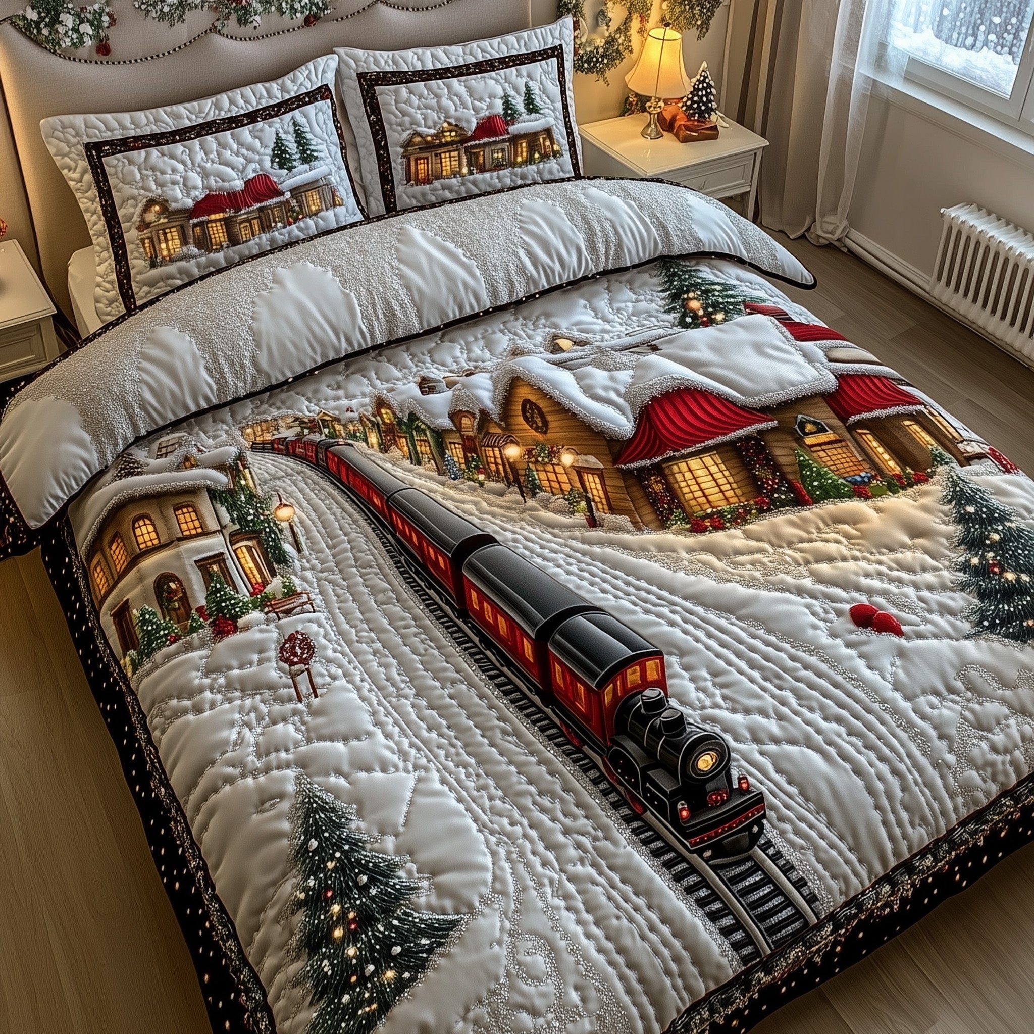 Holiday Express Christmas Quilted Bedding Set Duvet Cover Bedspread Xmas Holiday Gifts