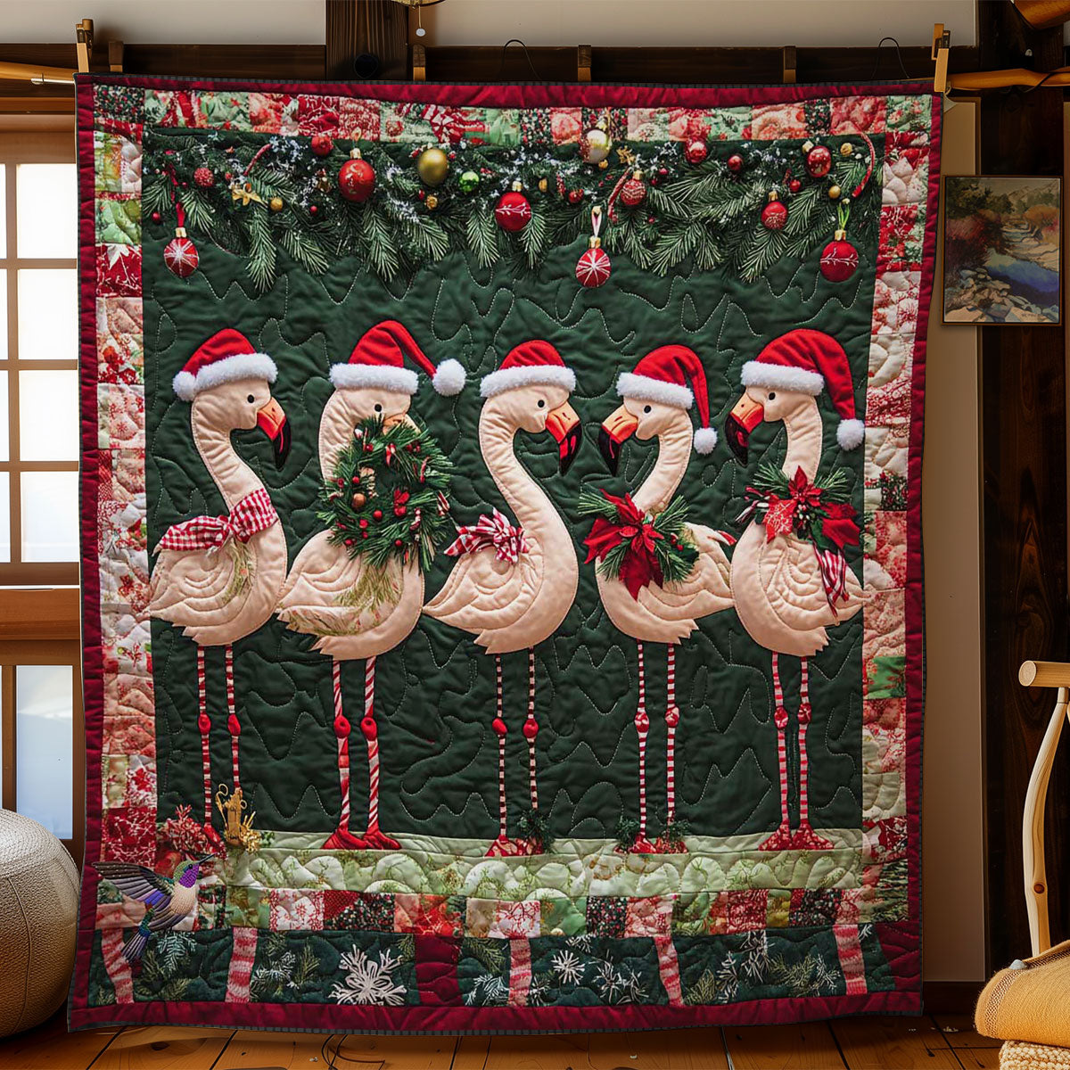Holiday Flamingos Quilt Premium Quilt Blanket Gift for Family Gatherings