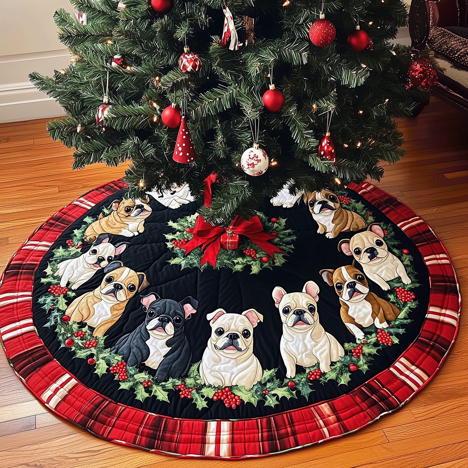 Holiday Frenchies Quilted Christmas Tree Skirt Perfect Tree Skirt Gift for Mom or Grandma