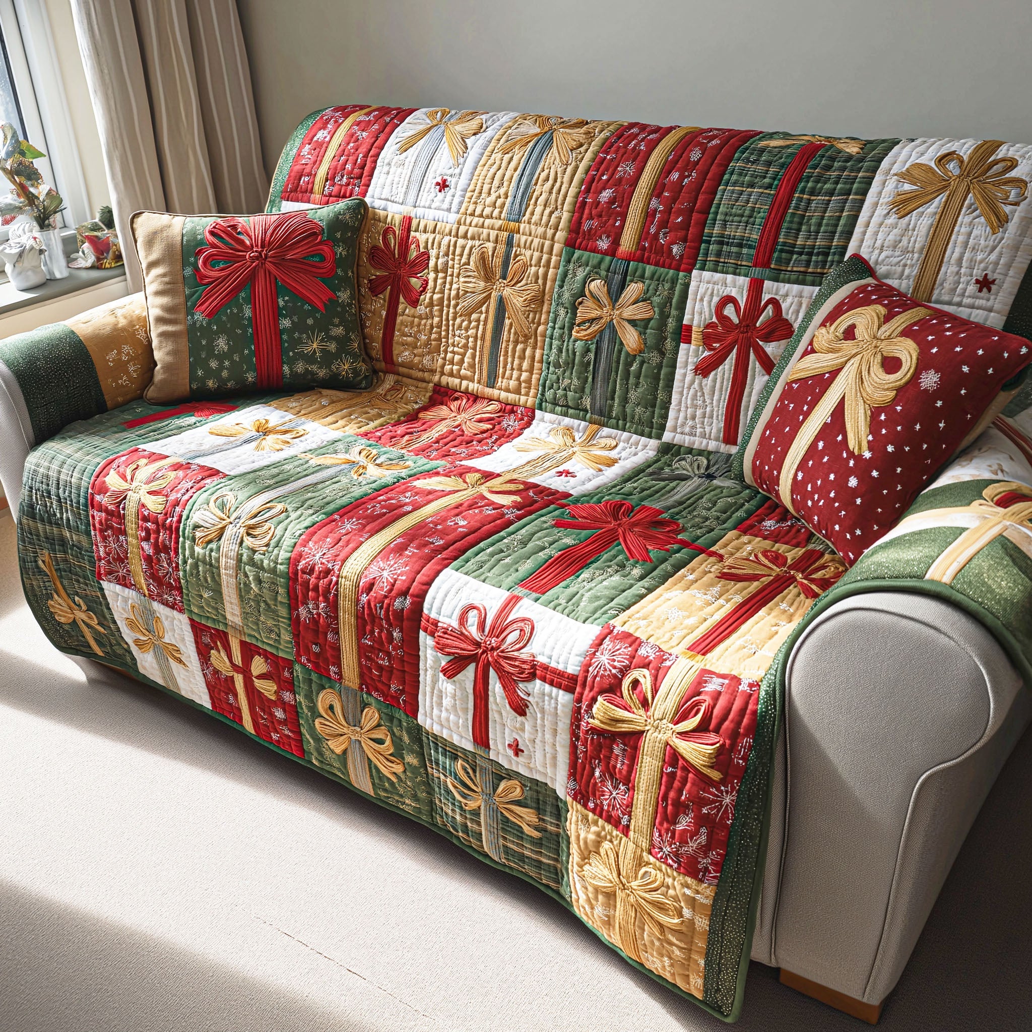 Holiday Gift Charm Quilted Sofa Cover Winter Living Room Decor Gifts For Mom