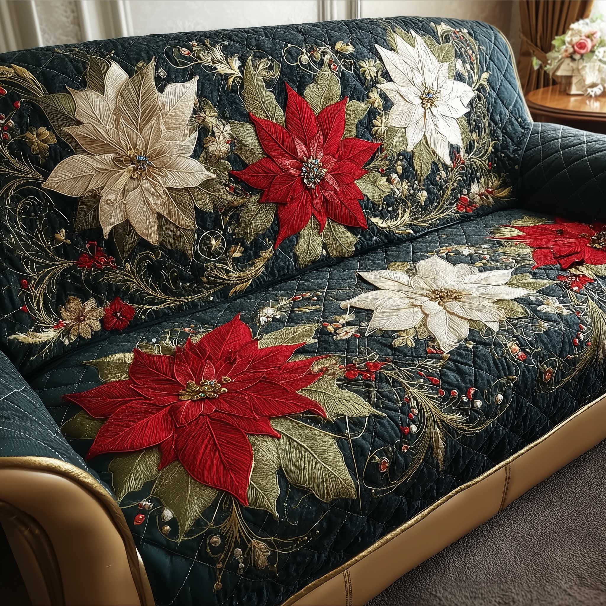 Holiday Glow Quilted Sofa Cover Soft Golden Holiday Motif Christmas Gift For Flower Lovers