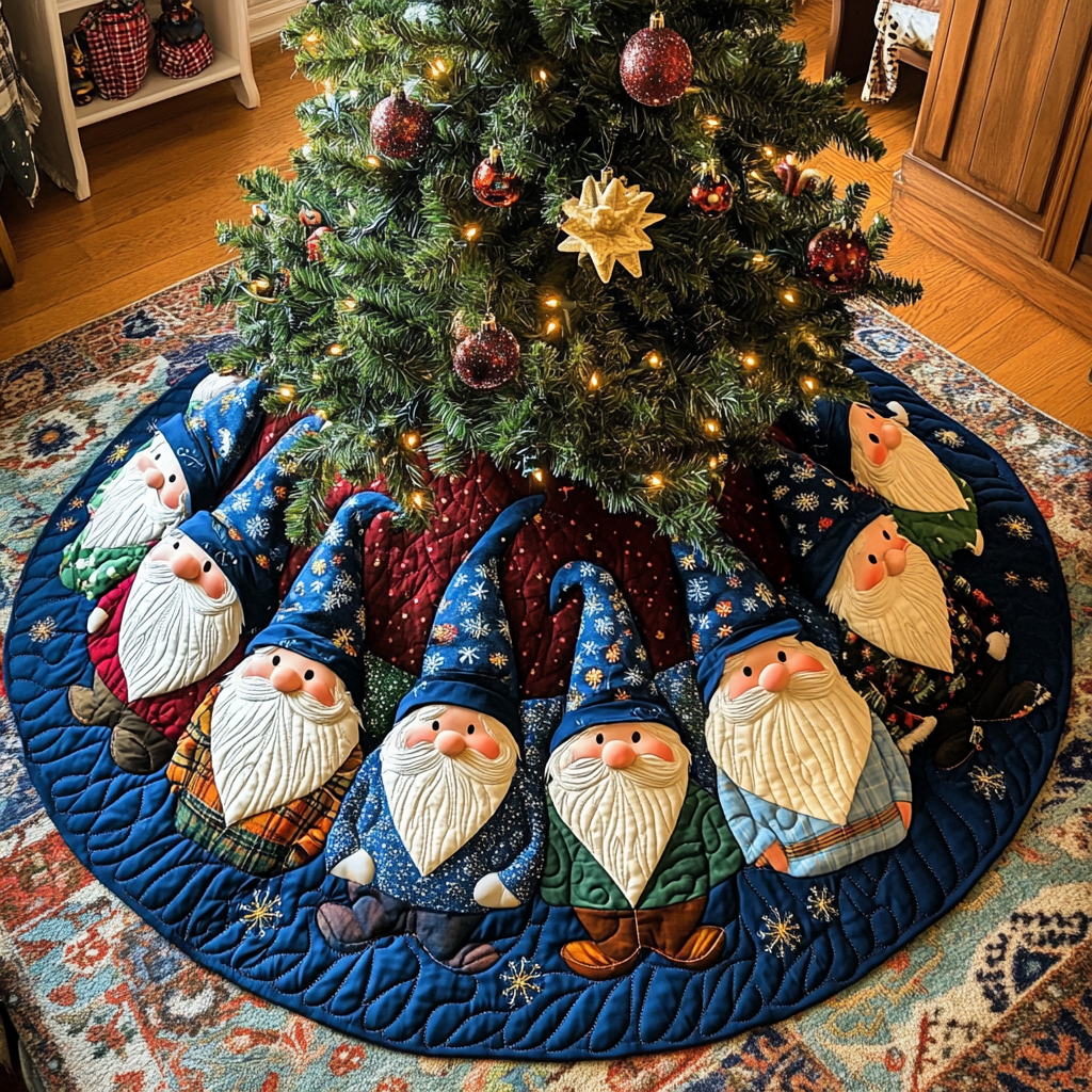 Holiday Gnome Adventures Christmas Quilted Tree Skirt Christmas Tree Surround Decorations